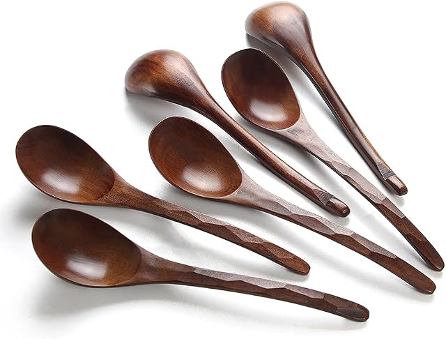 AOOSY Wooden Soup Spoons, 6 Pieces 7.84 inches Japanese Ramen Spoons Round Nanmu Wood Long Handle Kids Rice Dessert Cooking Tasting Dinner Table Spoon for Kitchen Restaurant