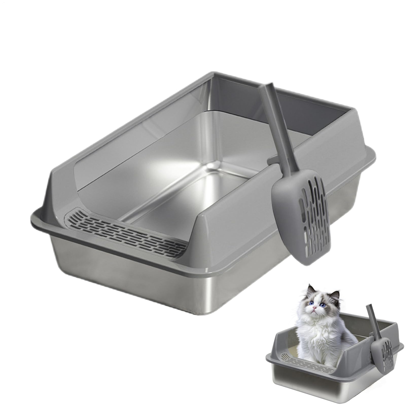 Stainless Steel Cat Litter Tray, Semi Enclosed Cat Litter Box, Splashproof Pet Litters Box With Scoop, Non Stick, Large Litters Boxes For All Cats Rabbits