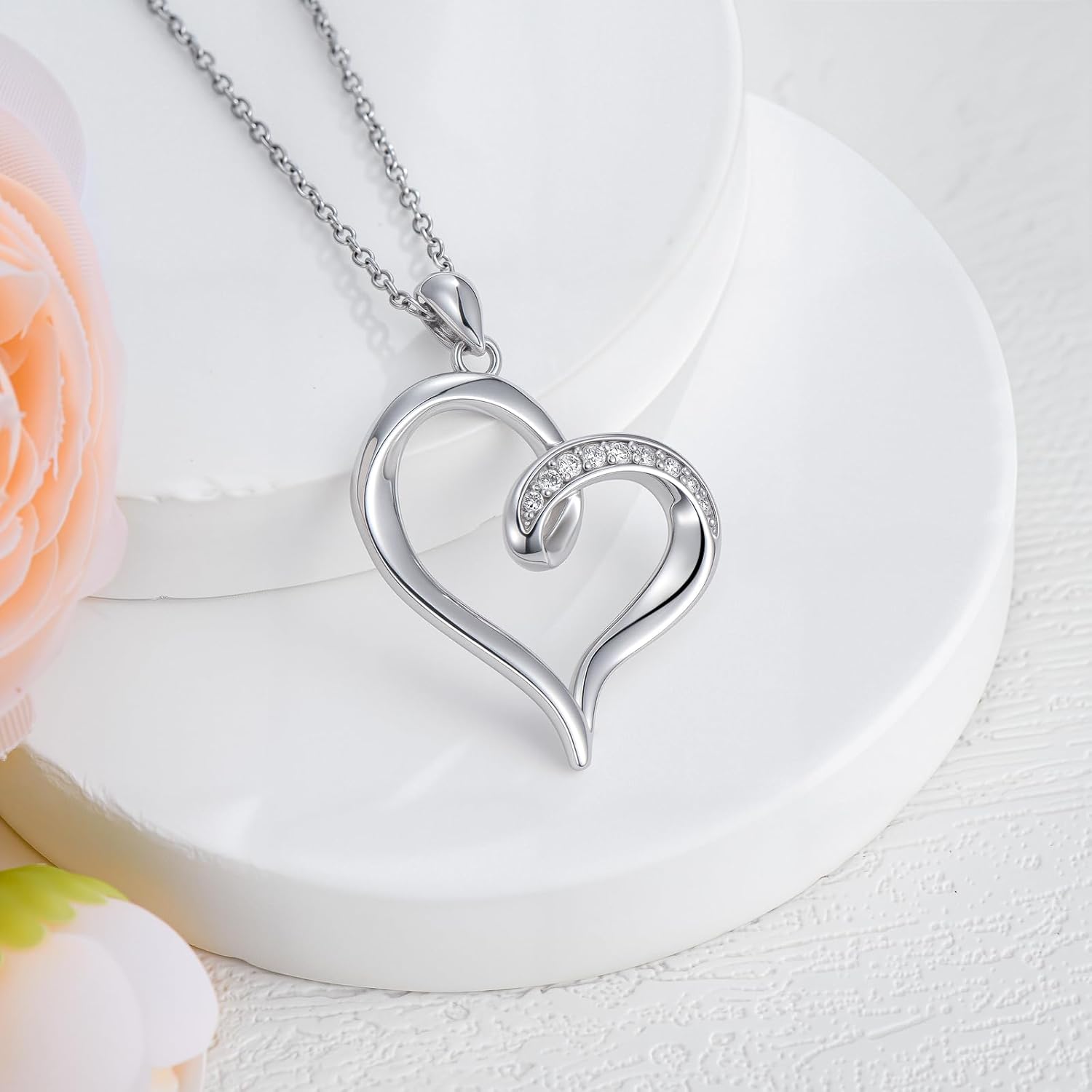 Diamond Open Heart Pendant Necklace for Women 925 Sterling Silver Lab Grown Diamonds Jewelry Gifts 0.12 cttw D Color VVS Clarity - Image 2