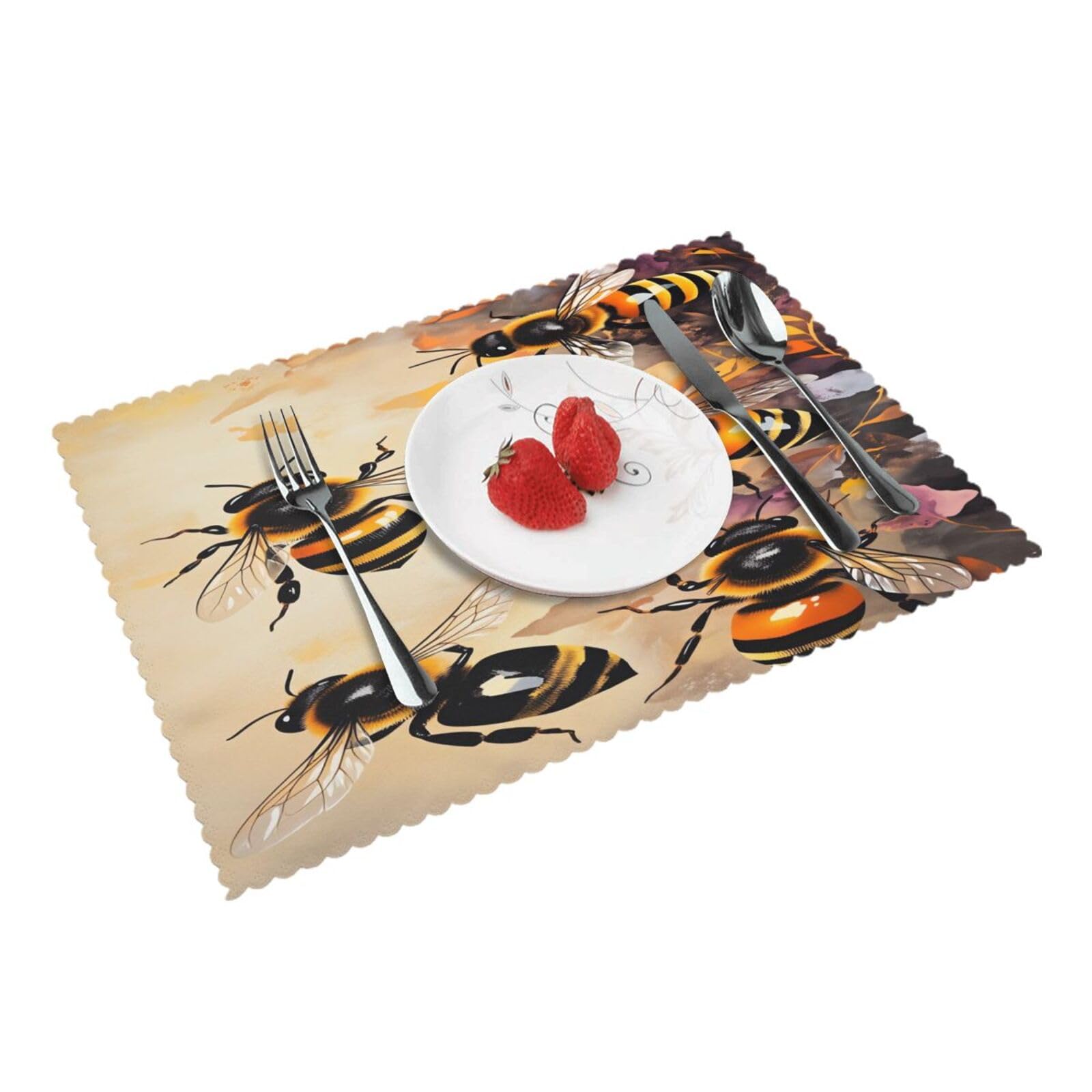 Bee Pattern Print Art Placemats Set of 4 Print Table Mats Place Mats Table Decor for Kitchen Dining 12X18 in