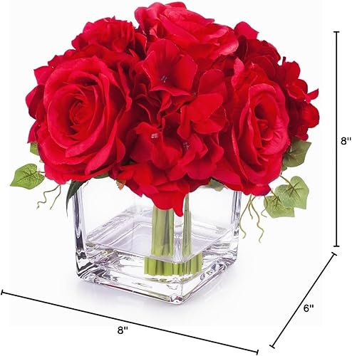 Miniatura 4 de ENOVA HOME Arreglos de flores artificiales de seda de rosas y hortensias en jarrón de cristal para boda en casa (crema)