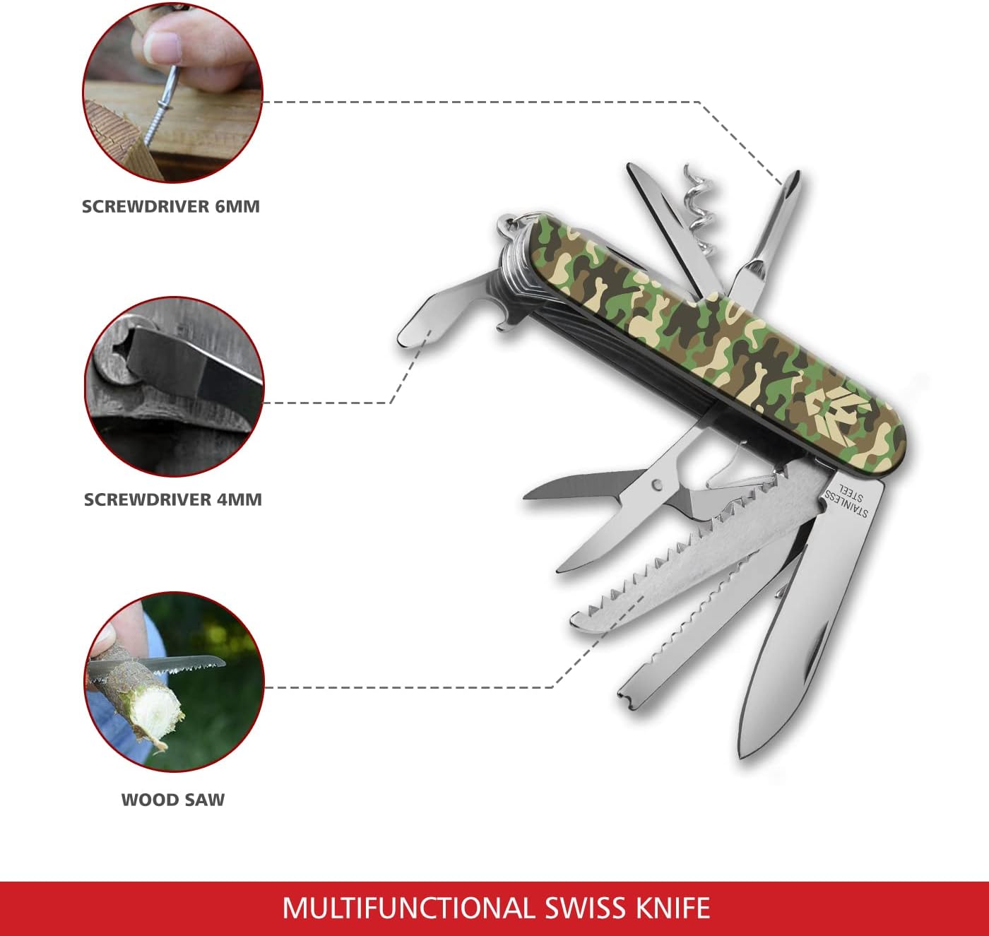 Swiss Eagle Premium Quality 12 in 1 Commando Classic Pocket House Hold & Campaign Tool, Premium M with Blade, Scissor, Screwdriver, Plier, Magnifying Glass, Tweezer Christmas Gifts - Miltary Green
