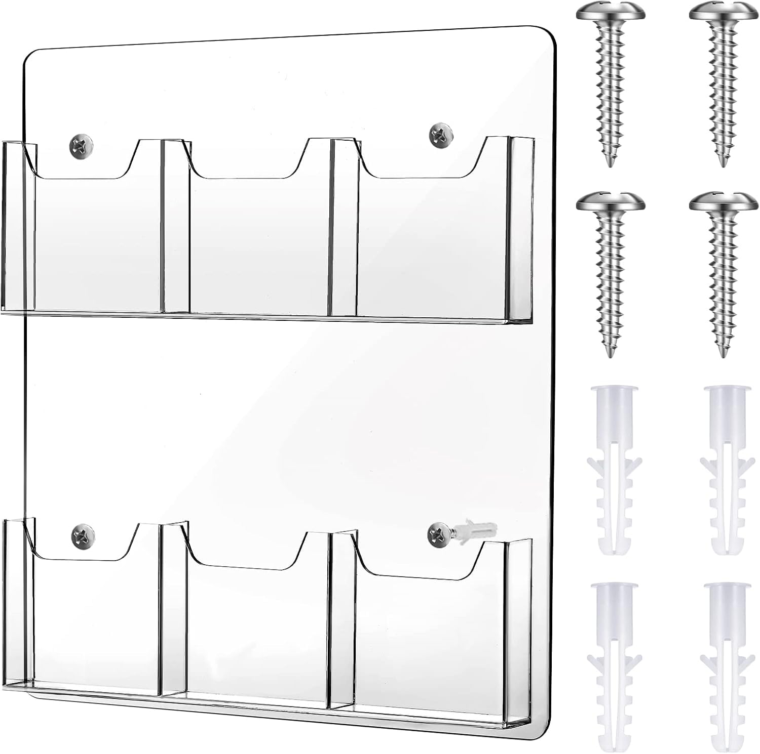 Keweni Acrylic Brochure Holder, 6 Pocket Shelf, Wall Mount, Transparent, Large/Middle, Office Use