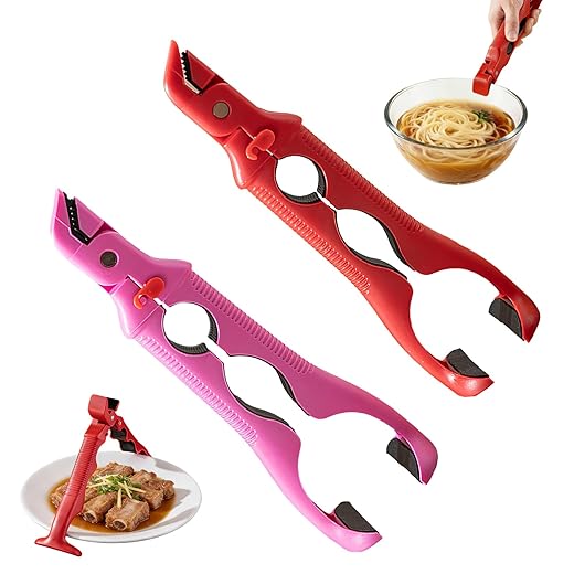 2 Pcs 3-In-1 Hot Plate Gripper,Anti Scald Plate Gripper,Hot Tongs,Anti Scald Bowl Holder Clip For Bowls & Dish, Non-Slip Jar Opener Clip For Kitchen, Air Fryer, Microwave(red white)