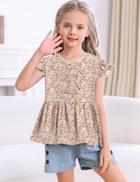 Image of Ivicoer Girls Summer Shirts Kid Flying Ruffled Short Sleeve Tops Big Girl Casual Flowy Babydoll Shirt Fashion Soft Basic Cute Button Down Shirt Comfy Clothes Classic Tops Size 5-6y 5 6 Year Old
