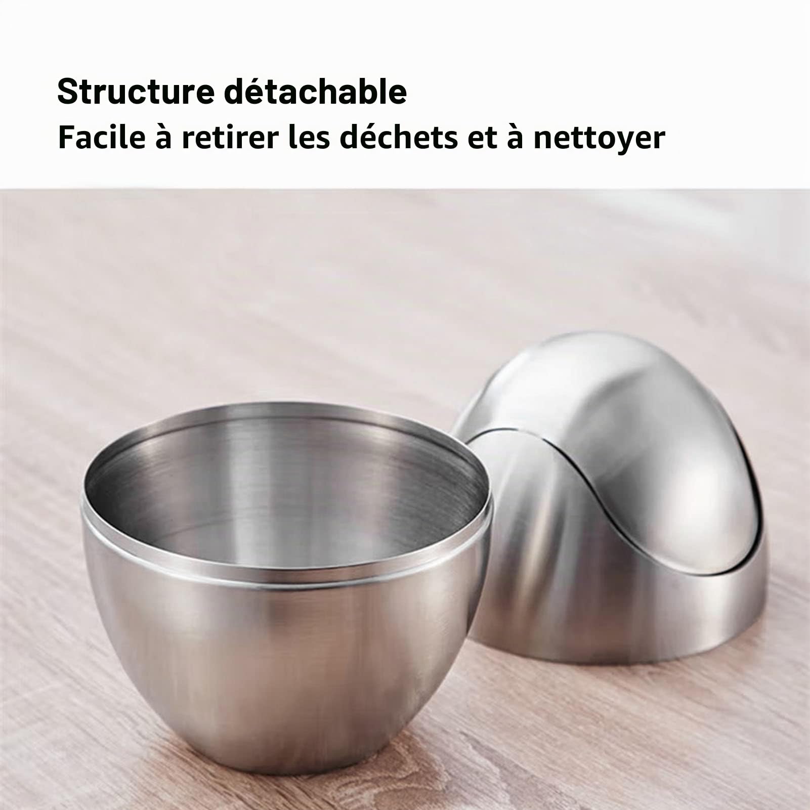 Poubelle Mini en 304 Acier Inoxydable, Poubelles de Comptoir avec Couvercle Pivotant Forme œuf pour Bureau, Comptoir, Vanité, Chambre à Coucher et Cuisine