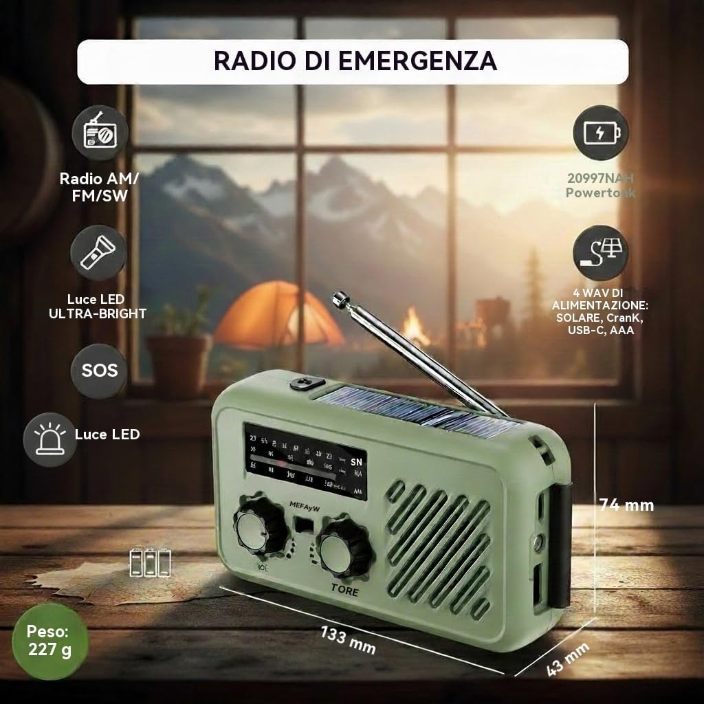 Kurbelradio Notfallradio mit 2000 mAh Power Bank – 3-Wege-Ladung (Solar/Handkurbel/USB), AM/FM/SW, SOS-Alarm & LED-Licht, Tragbares Survival Radio für Stromausfall, Camping & Wohnmobil (Grün)