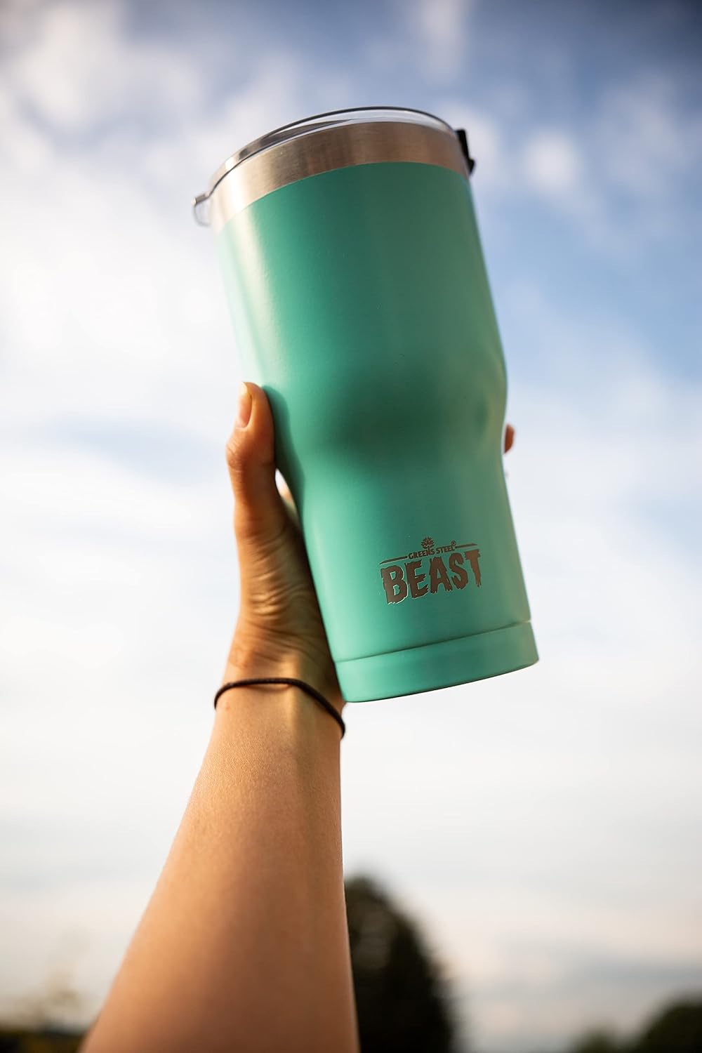 BEAST 40 oz Aquamarine Blue Tumbler Set with Handle - Stainless Steel Coffee Cup + 2 Straws Brush, Gift Box & Black Handle