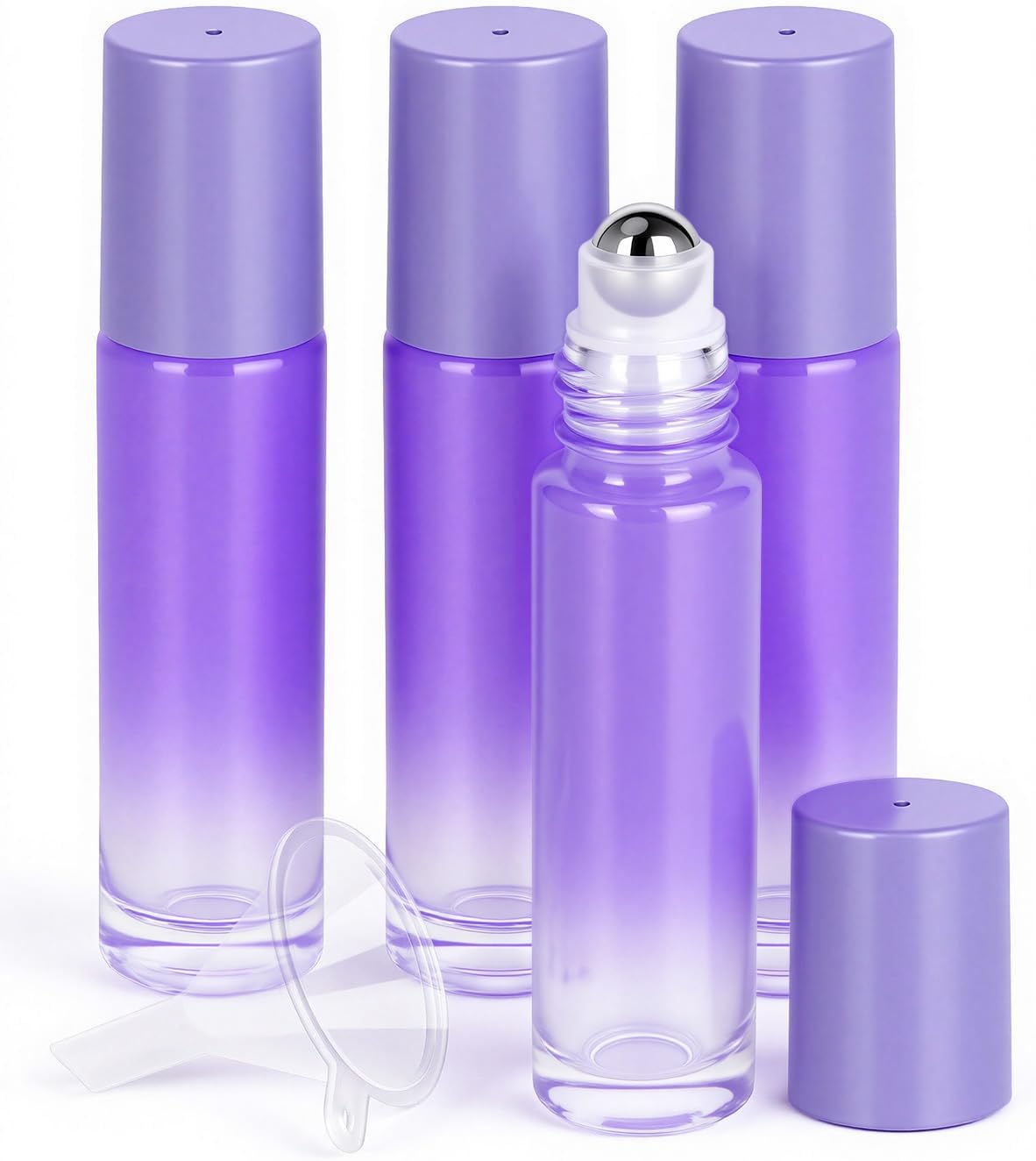 4 Pack Essential Oil Roller Bottles, 10ml Refillable Glass Roller Bottles with Stainless Steel Roller Balls and Caps for Travel, Perfume and Lip Gloss Purple Gradient