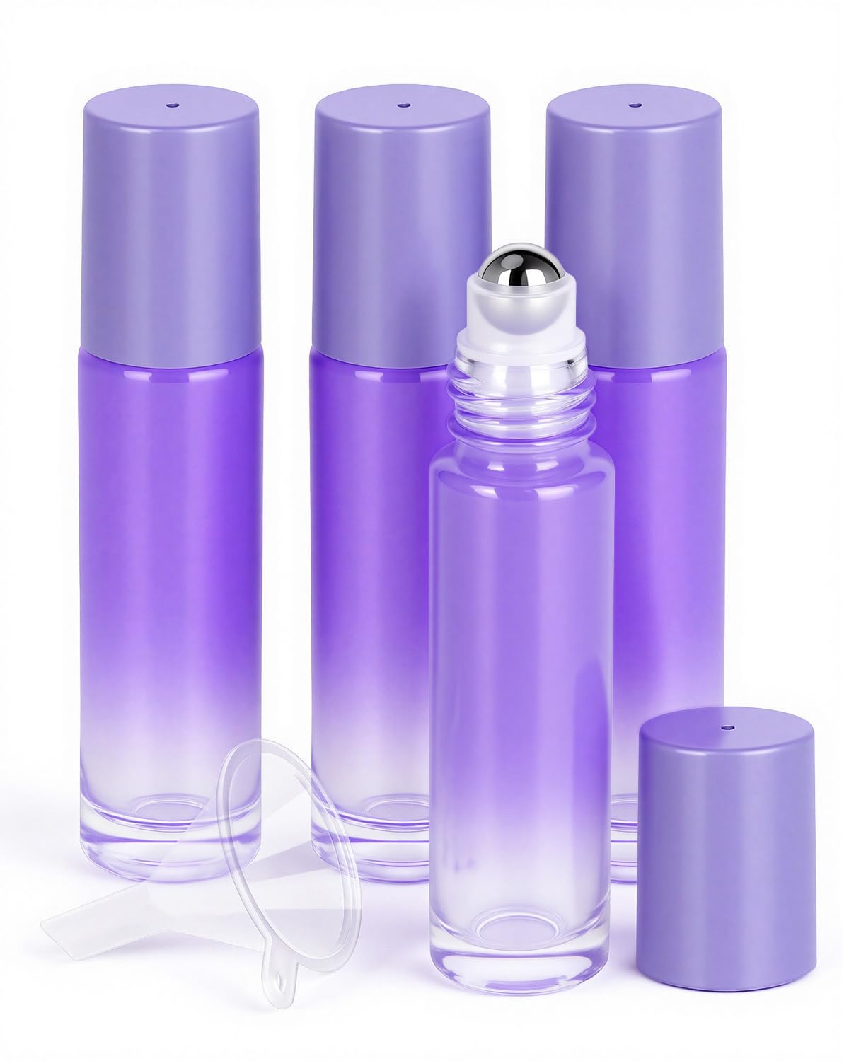 4 Pack Essential Oil Roller Bottles, 10ml Refillable Glass Roller Bottles with Stainless Steel Roller Balls and Caps for Travel, Perfume and Lip Gloss Purple Gradient