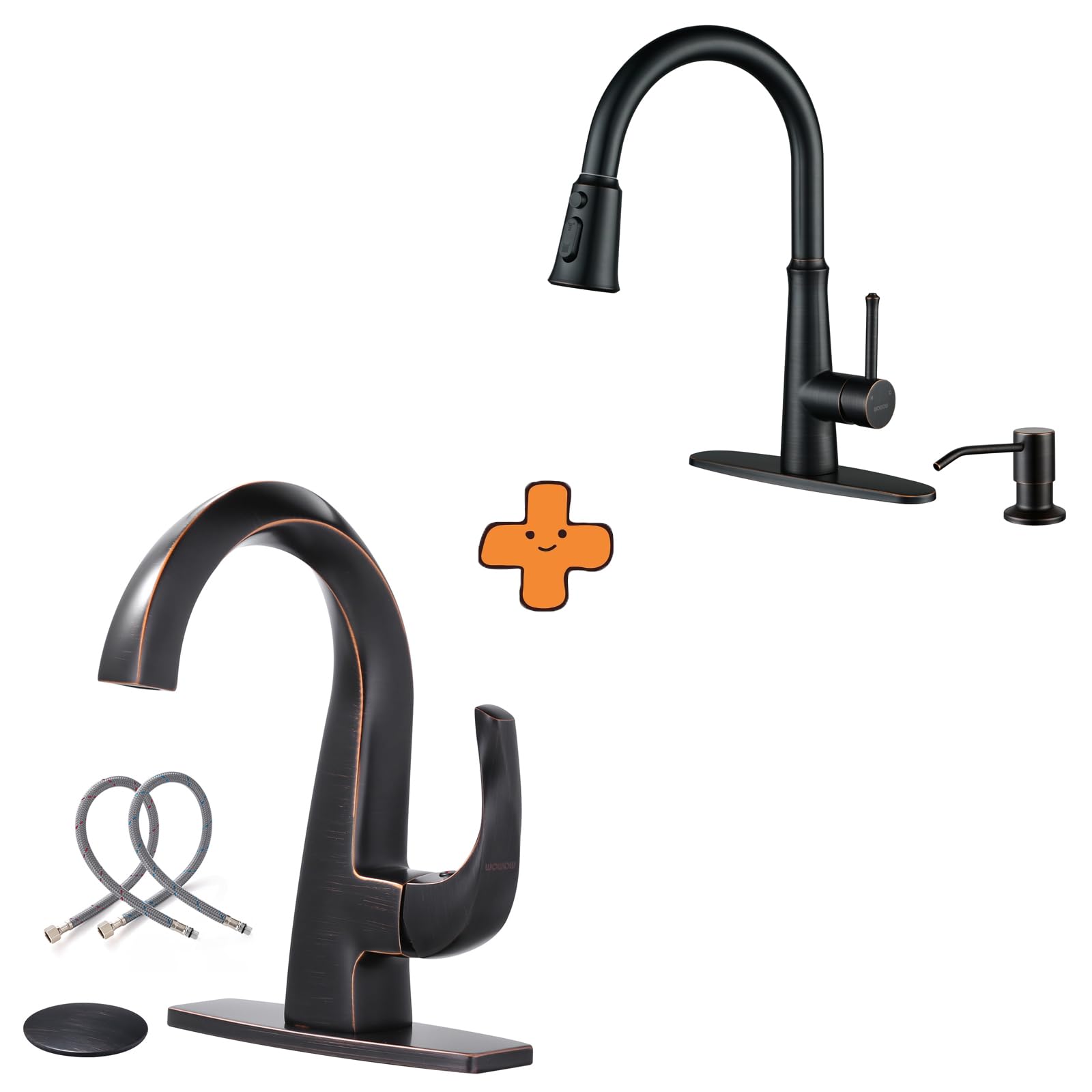 Jnfidosr Bronze Single Handle Bathroom Faucet 1 Hole High Arc Bathroom Basin Faucet Oiled Rubbed And Kitchen Faucet With Sprayer,Oiled Rubbed Single Handle High Arc Stainless Steel Kitchen Faucet