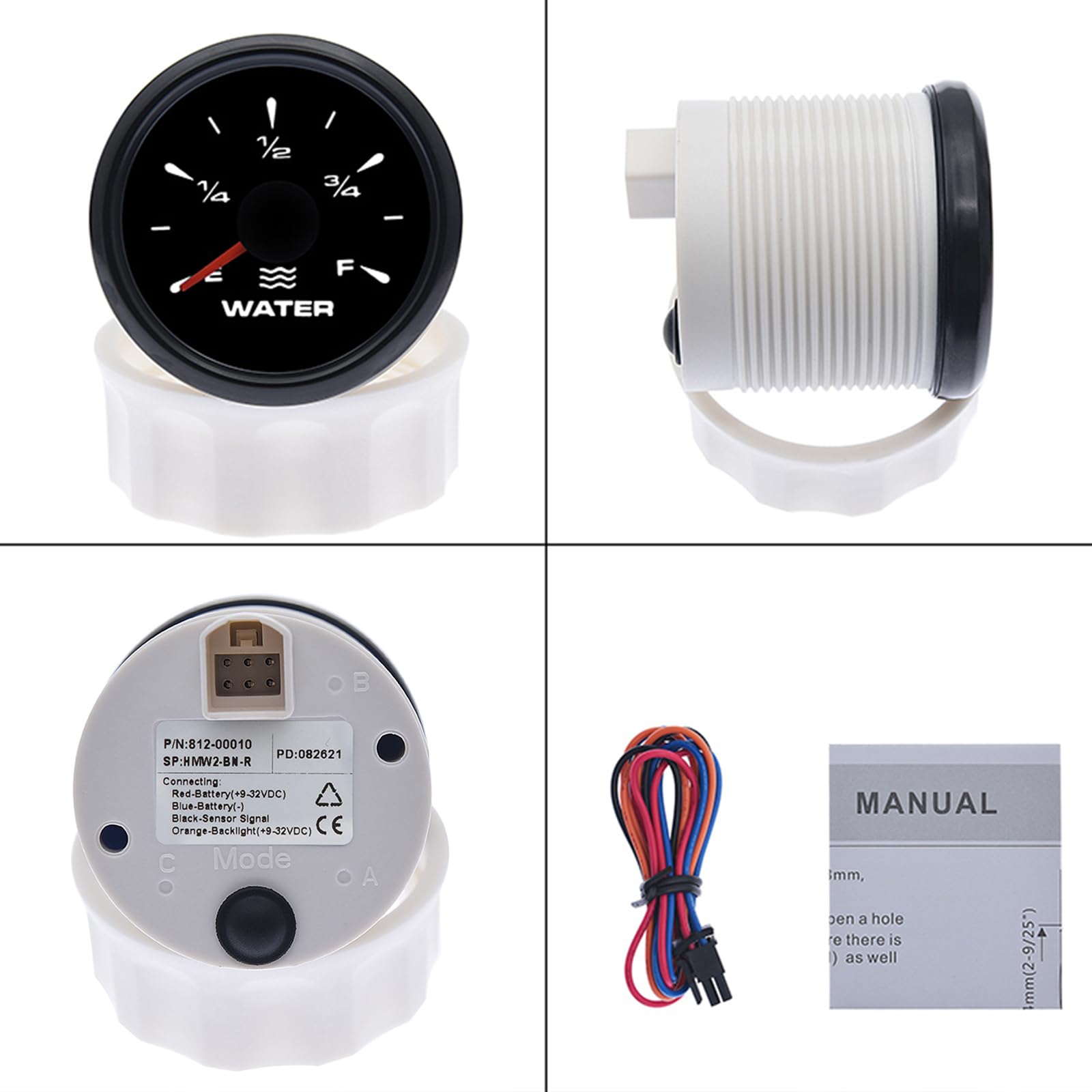 Geloo Jauge de Niveau d'eau 52 mm, Indicateur de Niveau d'eau Étanche 0-190 ohm ou 240-33 ohm Réglable avec Rétroéclairage 7 couleurs pour voiture, Moto, Yacht, Bateau