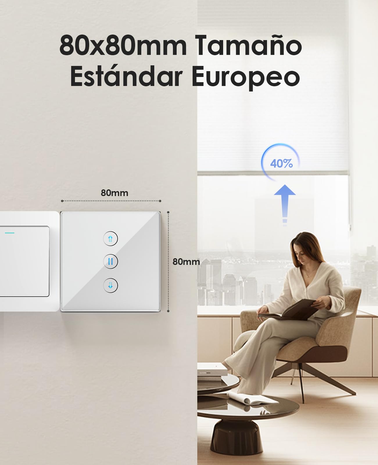 Interruptor de Persiana Inteligente con control por Porcentaje, 80 * 80mm Interruptor de Persiana Wifi, Control por Voz Compatible con Alexa/Google Home/Smart Life, Requiere Cable Neutro