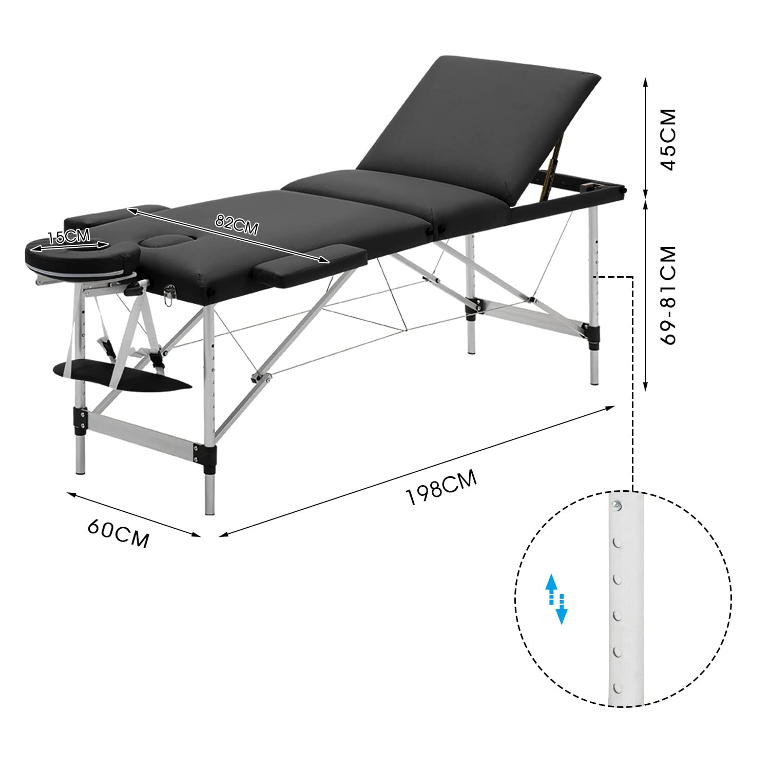 Mondeer Lettino da Massaggi 3 Zone Alluminio Portatile, Tavolo da Massaggio Professionale per Estetista e Fisioterapia (Nero)