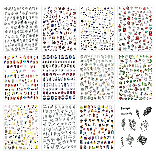 12 Sheets Graffiti Fun Nail Art Stickers, EUUPS Abstract Nail Decals 3D Self-Adhesive Abstract Lady Face Rose Leaf Nail Design Manicure Tips Nail Decoration for Women Girls Kids