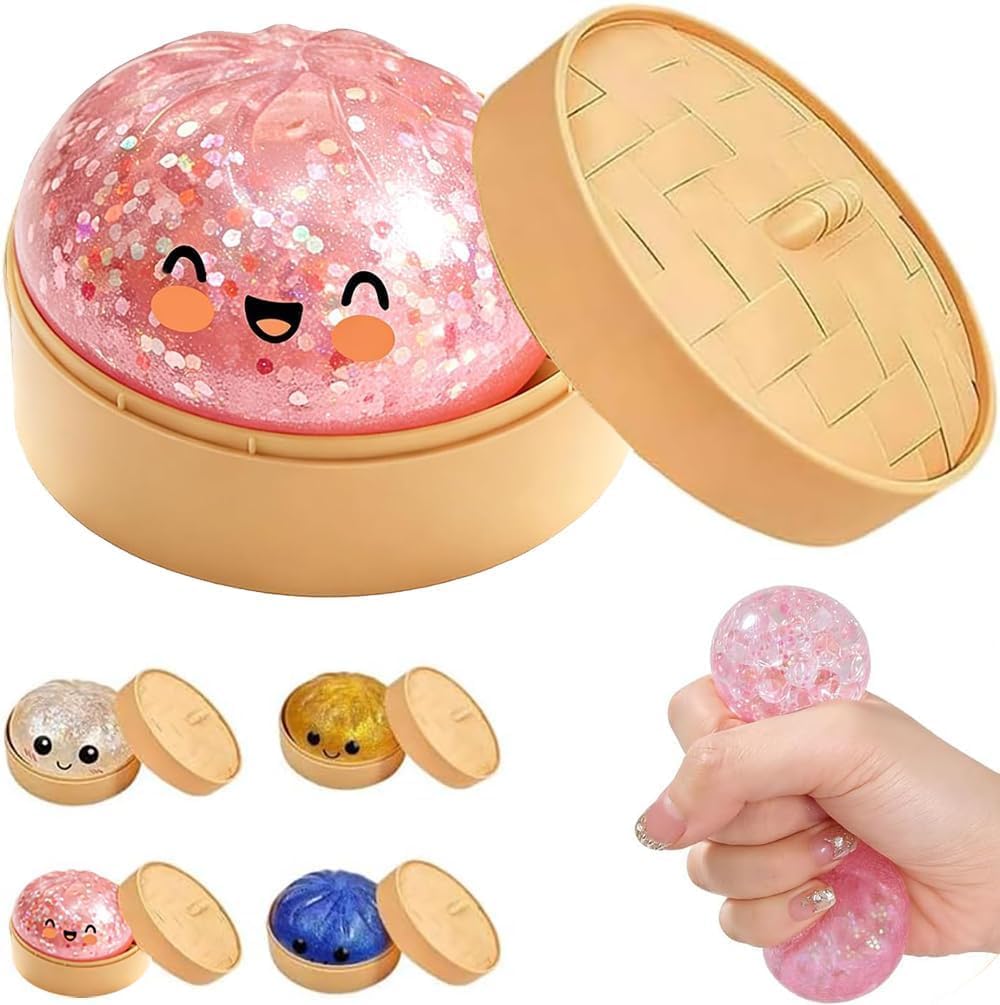 Squishy Squeeze Dumplings Toy - with Plastic Steamer Box , Squeeze Toys for Kids - Ages 3+ （10CM Pink Glitter Dumpling） (Pink)
