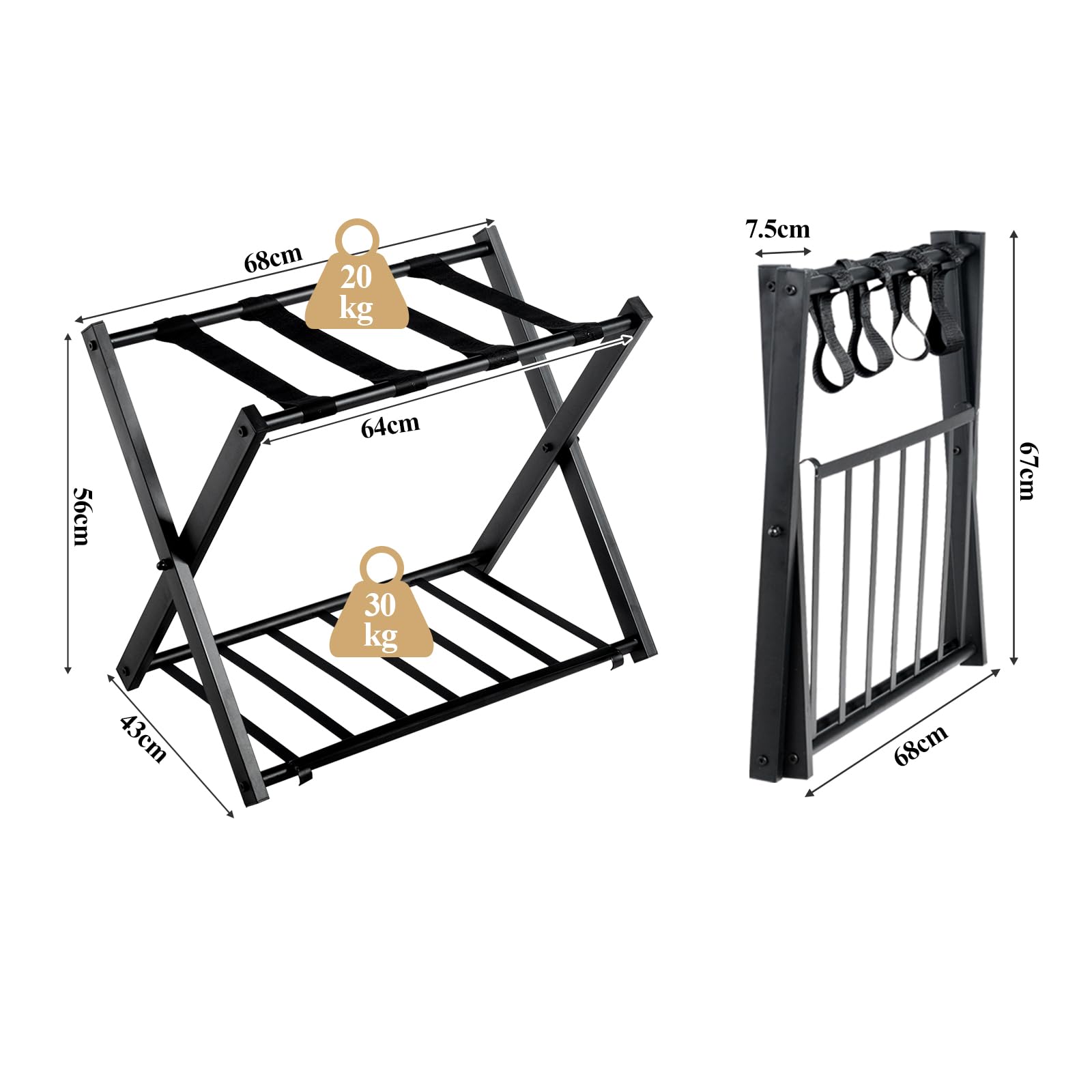HOMASIS 2 Portavaligie Pieghevole 2 Sgabelli Reggivaligia in Metallo 68 x 43 x 56 Nero