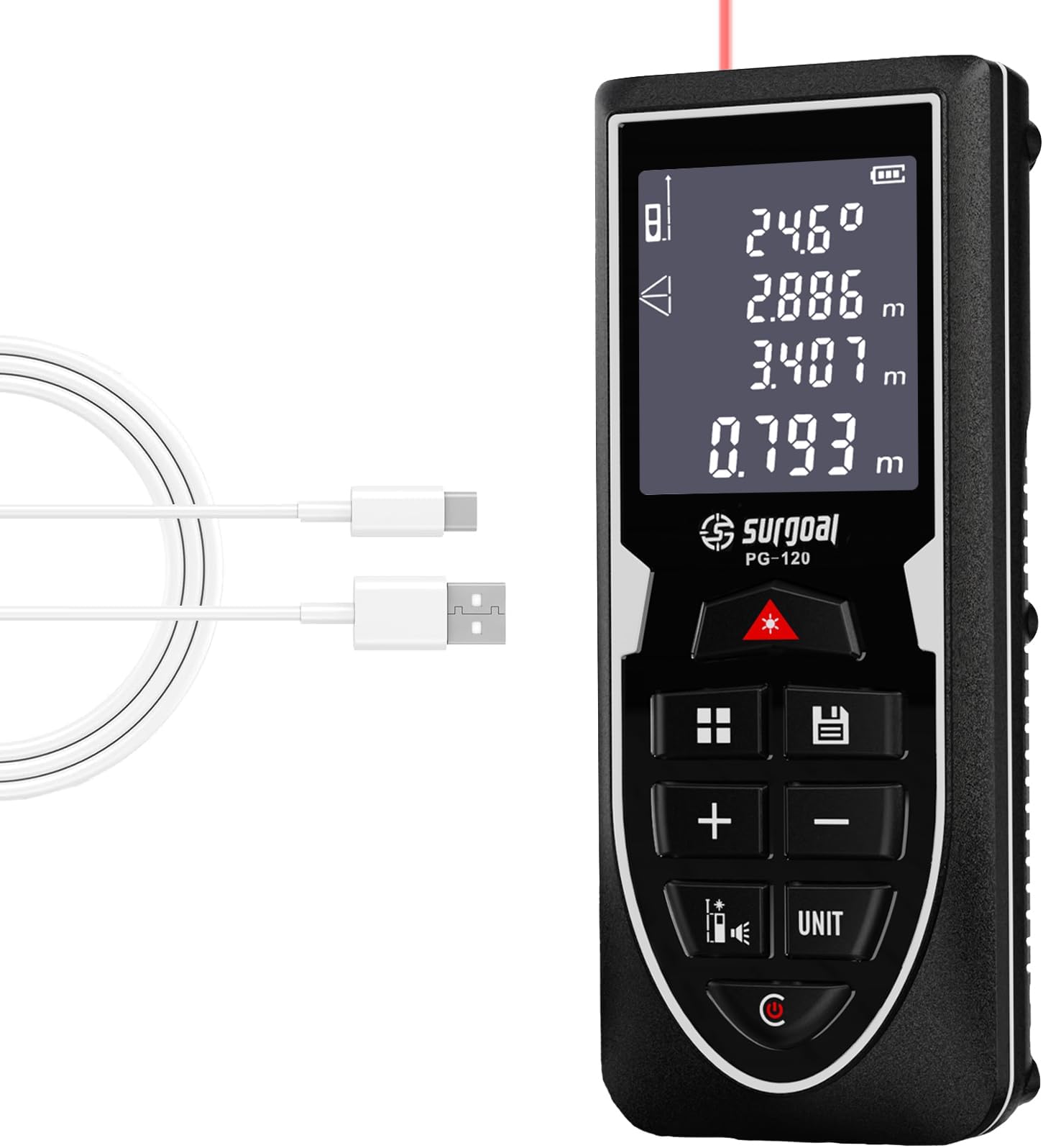 Rechargeable Laser Distance Meter 393Ft – Digital Laser Measure with Angle Sensor, USB Type-C, Backlit LCD, Unit Switching (Ft/in/M), Area Volume Pythagorean Functions