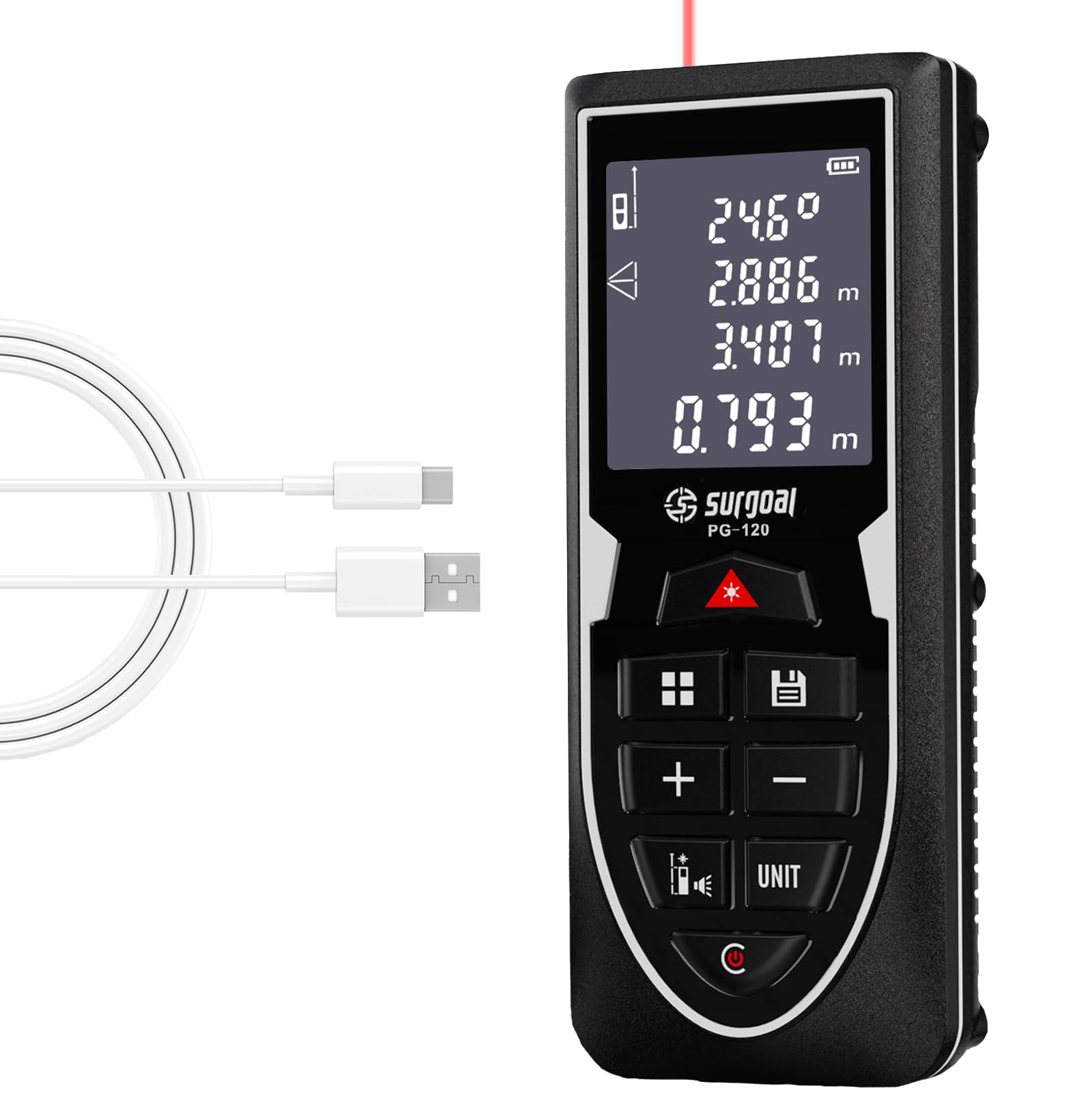 Rechargeable Laser Distance Meter 393Ft – Digital Laser Measure with Angle Sensor, USB Type-C, Backlit LCD, Unit Switching (Ft/in/M), Area Volume Pythagorean Functions
