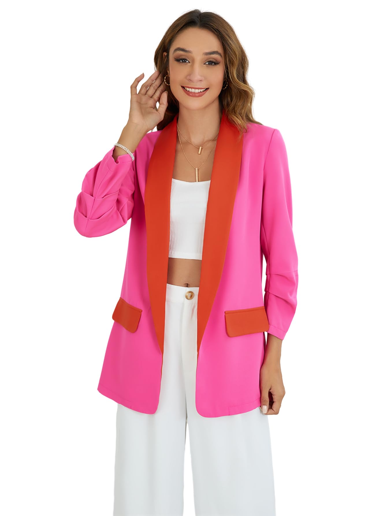 WDIRARA Womens Color Block Shawl Collar Long Sleeve Open Front Work Office Jacket Blazer