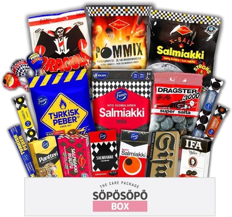 Finnish Salmiakki and Licorice set SÖPÖSÖPÖ BOX Variety Pack Care Package Treats Gift Boxes Pack Adults Kids Grandkids Guys Girls Women Men Boyfriend Candy Birthday Cookies Chips Food (SOPOSOPO)