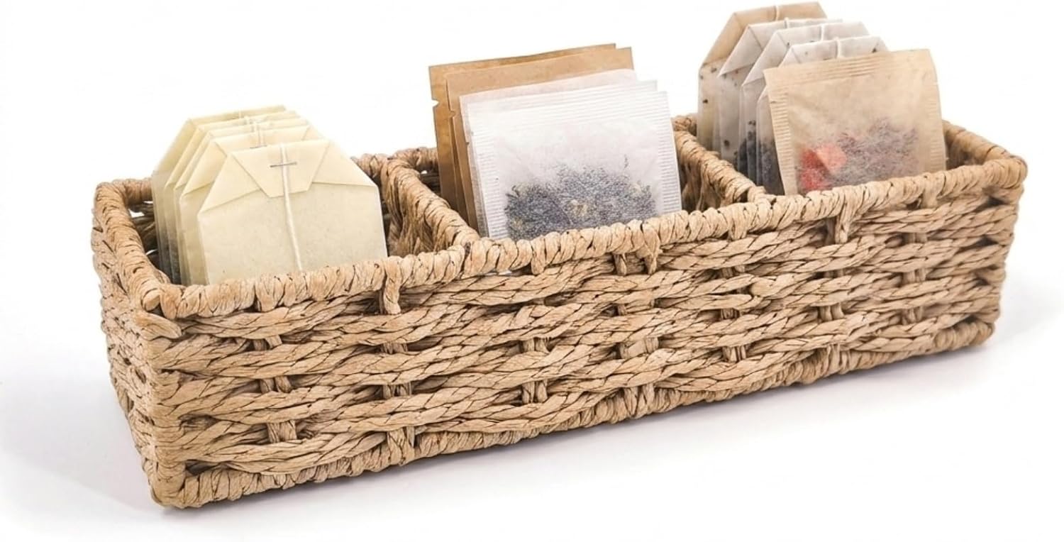 3-Compartment Braided Tea Bag Organizer For Countertop Or Drawer
