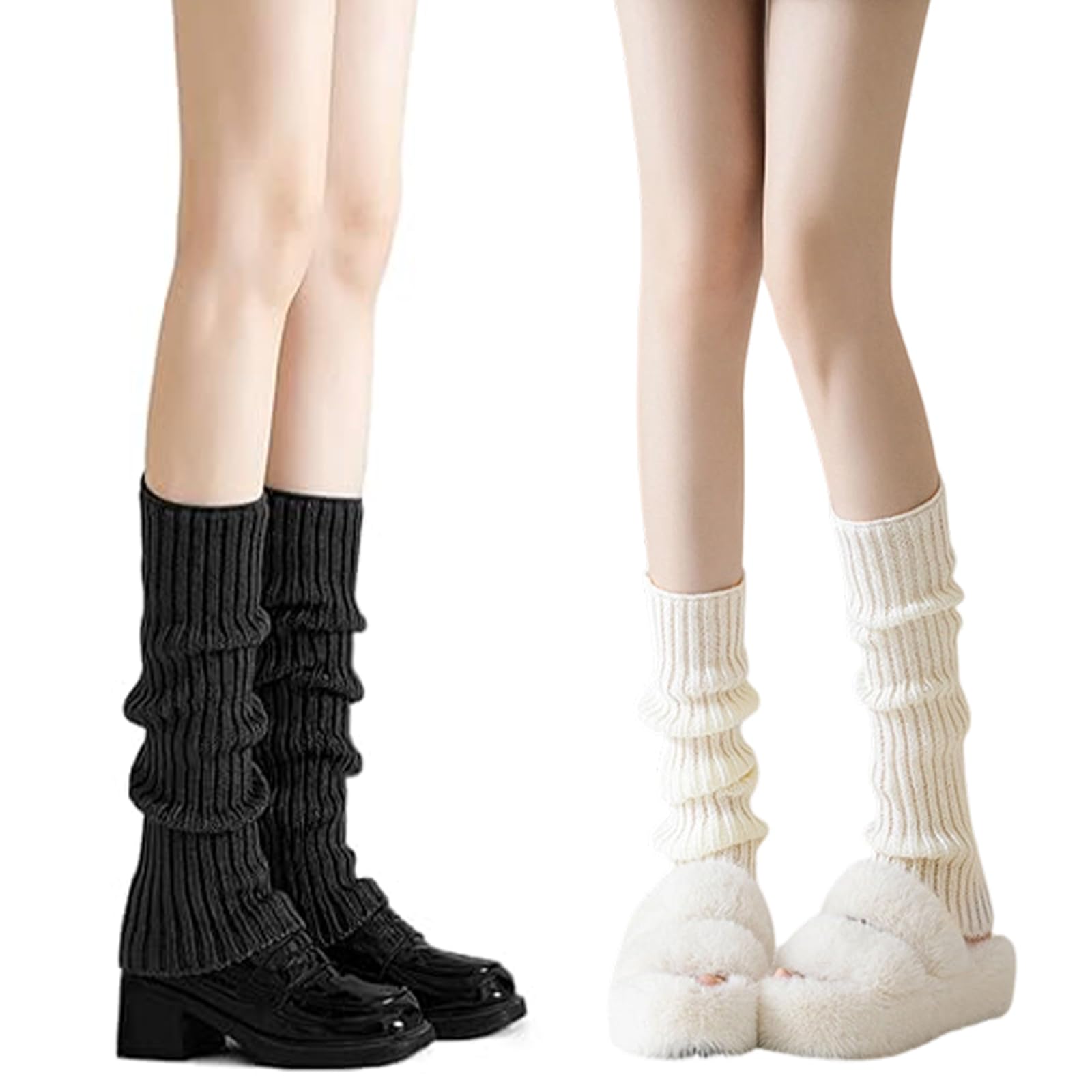 KASLCWA 2 Pairs Leg Warmers, Ribbed Knit Leg Warmer Ladie, Yoga Ballet Dance Ice Skating Accessories, Womens Fashion Ankle Warmers for Y2k Ballet Dance Ice Skating (Black,White)