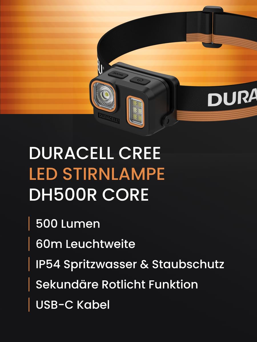 Duracell Lampe frontale LED DH500R Core – 500 lumens, focalisable, portée de 40 m, fonction lumière rouge, rechargeable USB-C, batterie au lithium, différents modes d'éclairage, ergonomique