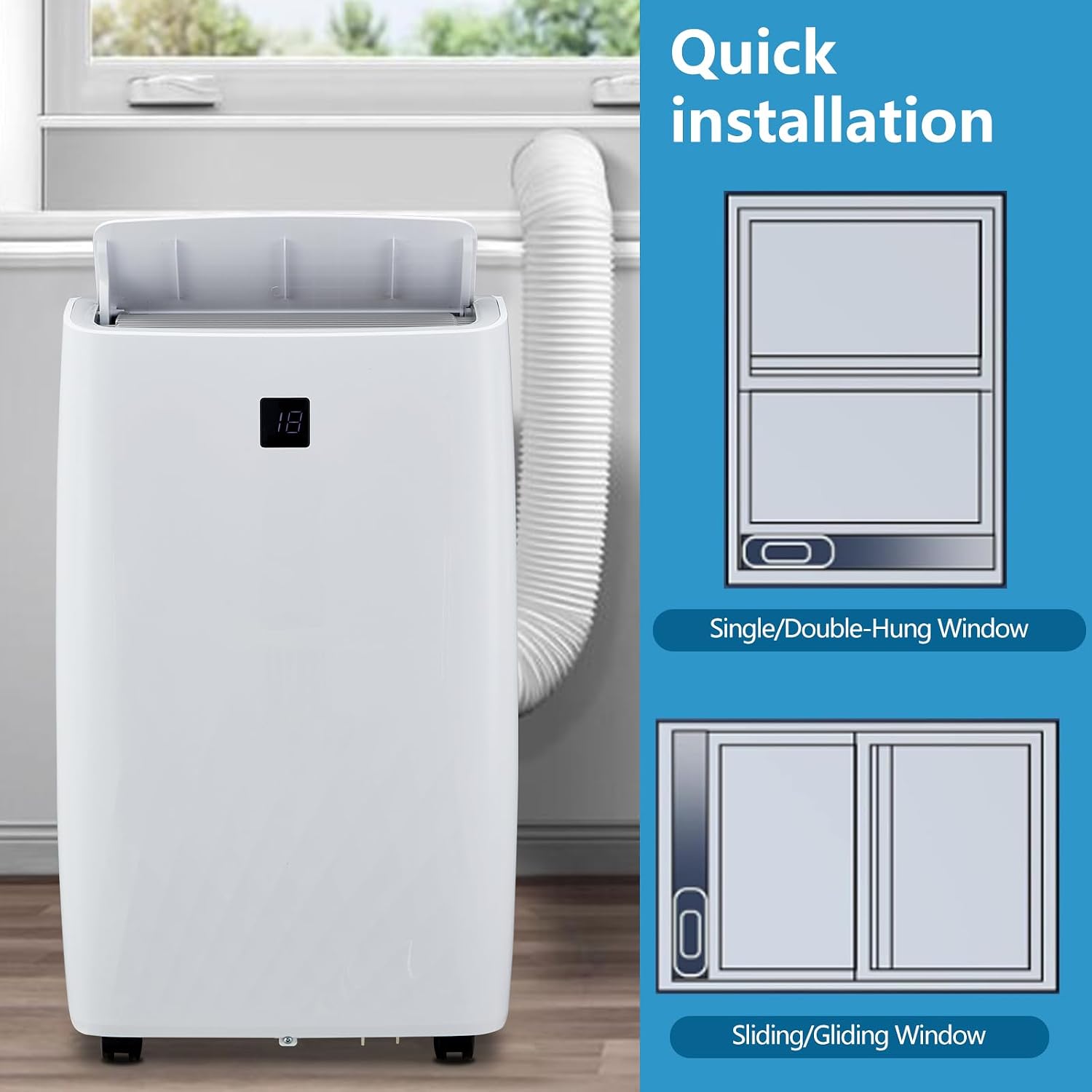 Diagrams for quick window installation of the portable air conditioner