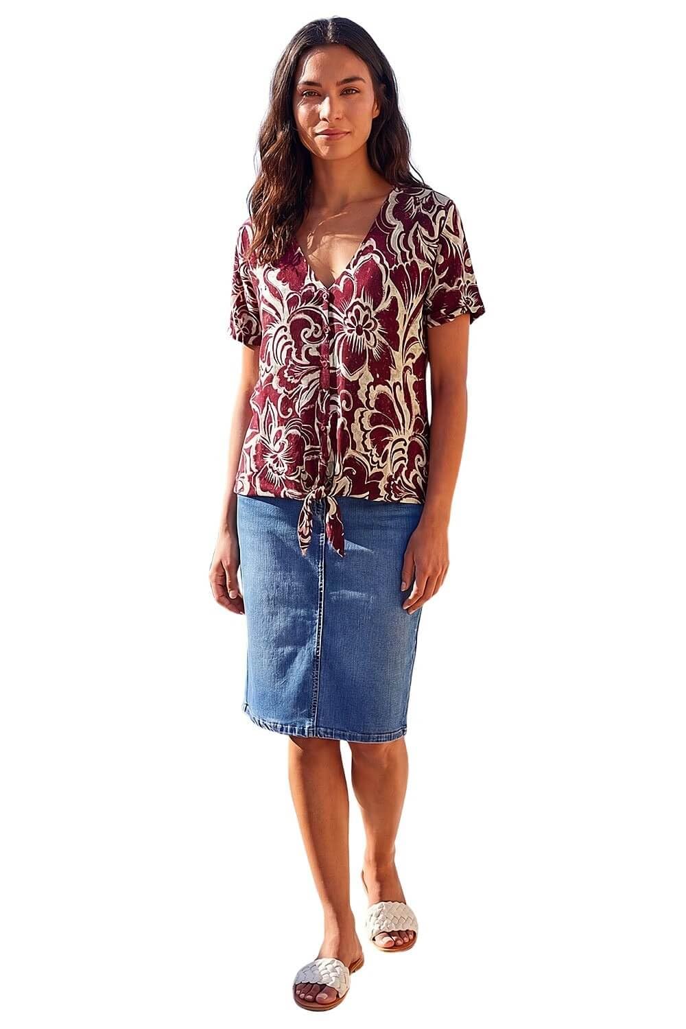 Roman - Women's V-Neck Top - Floral Print - Size 14 - Wine