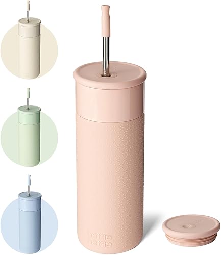 Miniatura 1 de BOTTLE BOTTLE Vasos de acero inoxidable con tapa y pajita, vaso de café de 20 onzas con funda de silicona para oficina en casa y fiesta de regalo