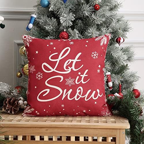 LuxFocus Christmas Throw Pillow Cases, Christmas Decorations Indoor Pillowcase Print Christmas Tree Snowflake, Xmas Decorative Pillow Cases Set of 4 for Sofa Bed Living Room, 18x18Inch, Christmas Red