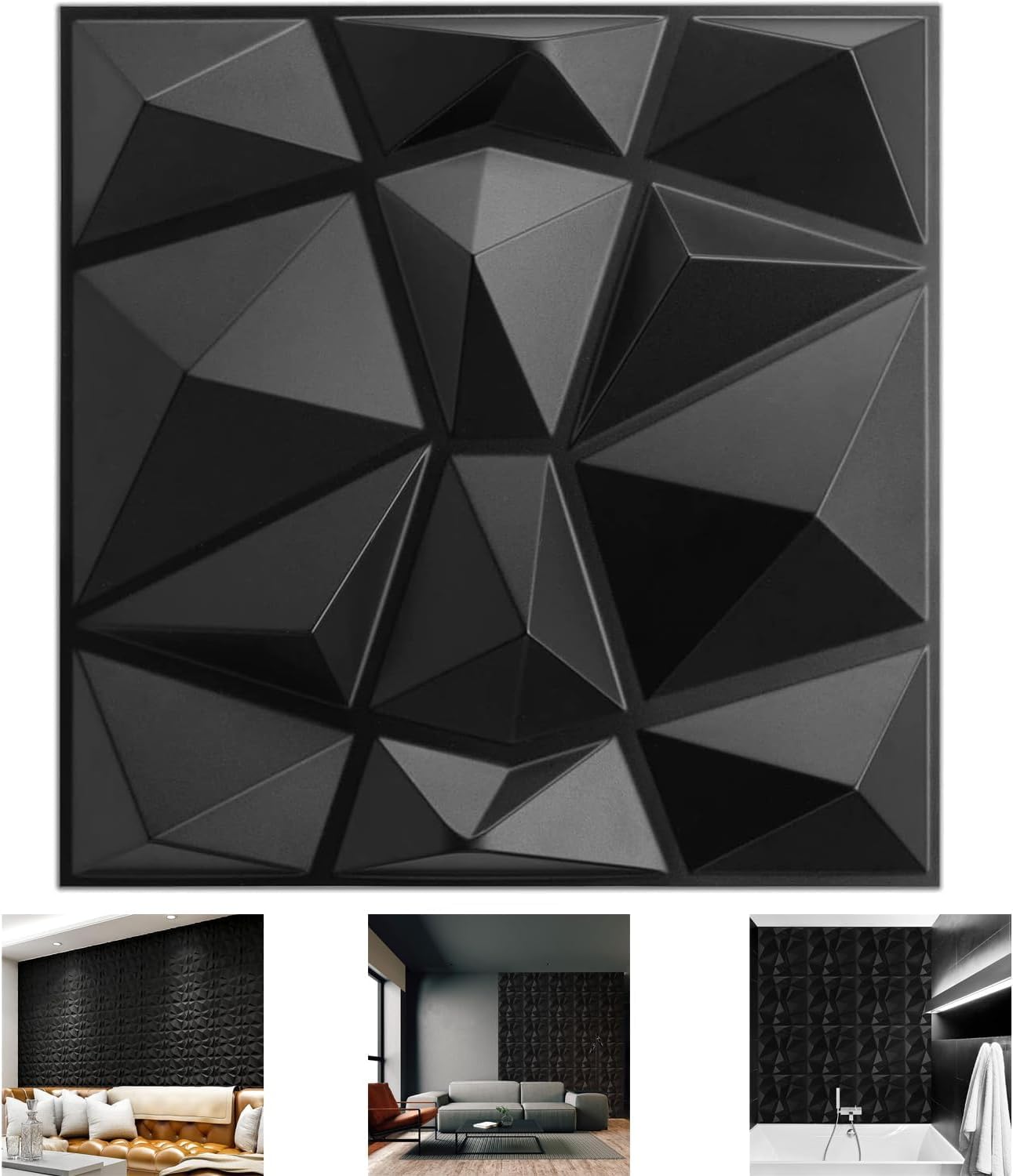 XaFaXa Decorative 3D Wall Panels in Diamond Design,PVC 3D Wall Decor Panels,PVC 3D Wall Panel Diamond,3D Textured Wall Panels,for Interior Wall Decor,DIY (10 Pack,Black,30 * 30cm)