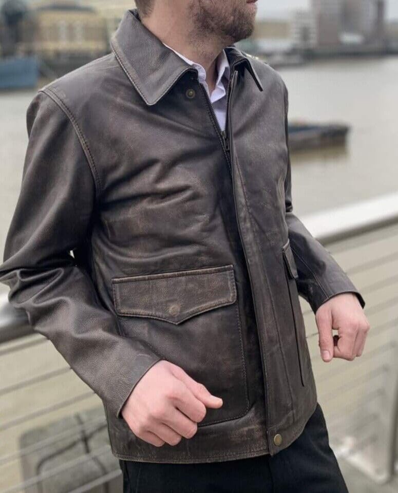 Image of Men's Classic Action Cowboy Distressed Brown Indiana Harrison Vintage Lambskin Bomber Leather Jacket