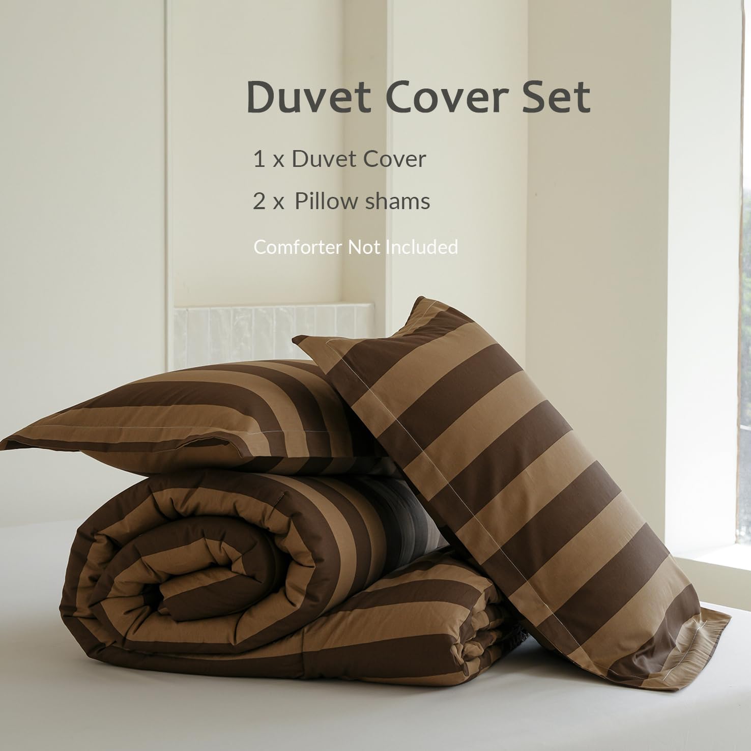 Striped Duvet Cover Queen Set, 100% Natural Cotton Vintage Brown & Beige Stripes Pattern Printed Bedding Set, 3 Pieces Soft Breathable Luxury Duvet Set for All Season