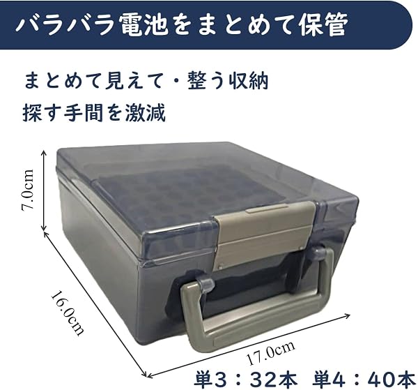 電池ケース 収納ボックス 単3 24本 / 単4 30本 電池 大容量 透明ケース 整理収納 防災グッズ | (電池は付属しません) ブラック 取っ手付き - 2