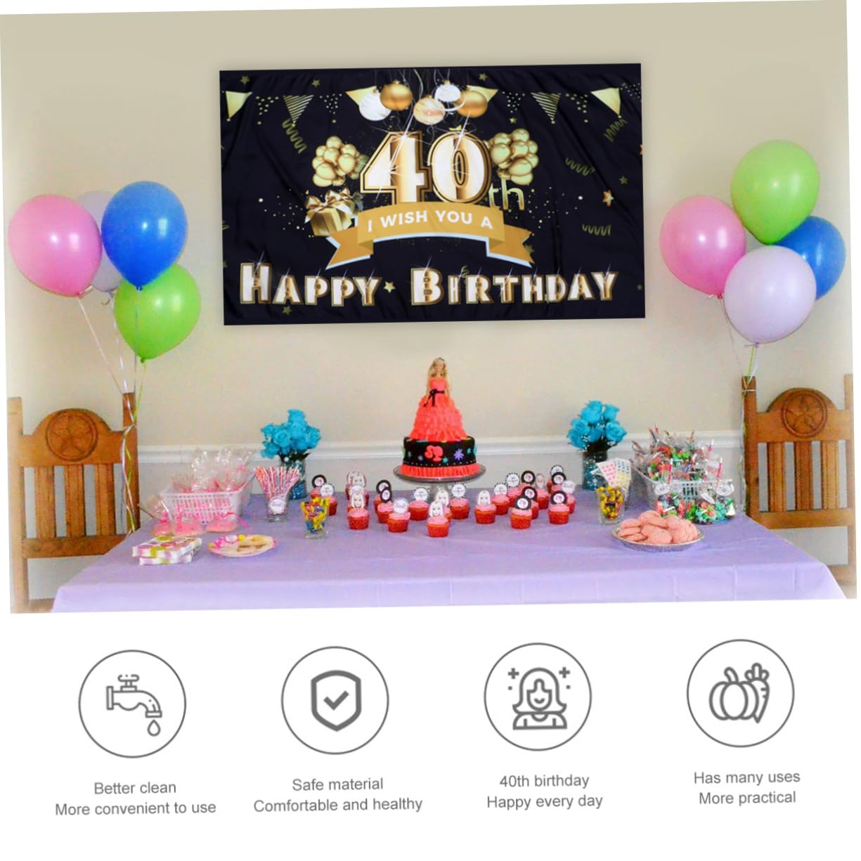 Abaodam 3Pcs Cheers Poliestere Bokeh Banner Anni Distico Banner Decorazioni Compleanno per Happy To Foto Decorazione Festa Porta Arredamento Sfondo Fotografia Prop Nero Adulto