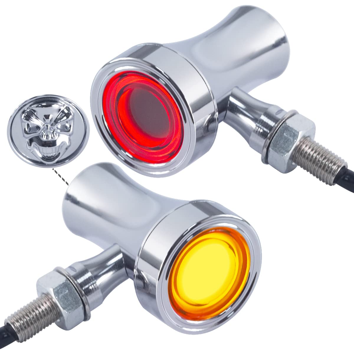 FATECIM 2X Motorcycle LED Skull Tail Lights Turn Signals Running Brake Light Heavy Duty Motorbike Rear Blinker Indicator for Bobber Harley Honda Yamaha Suzuki Kawasaki Cruiser Chopper Chrome