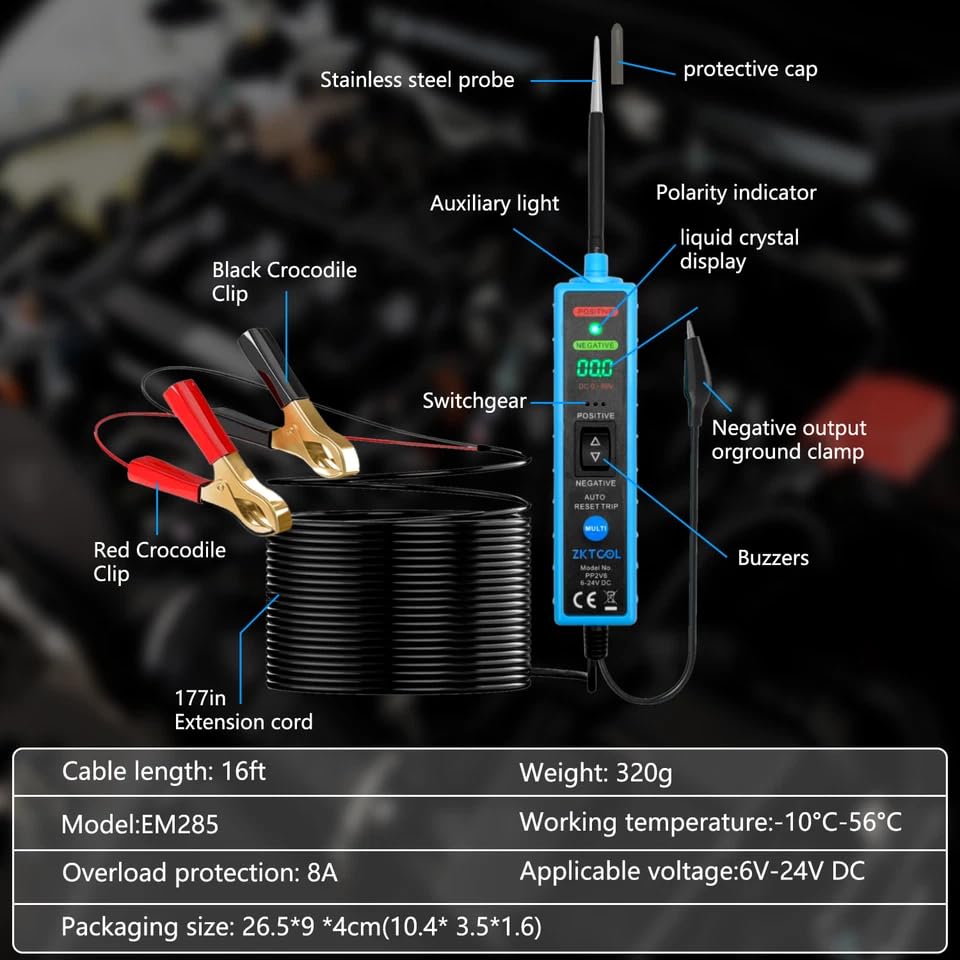 Diagram showing the components of the ZKTOOL probe including the stainless steel probe, protective cap, auxiliary light, polarity indicator, LCD display, negative output ground clamp, buzzers, red and black crocodile clips, and extension cord.