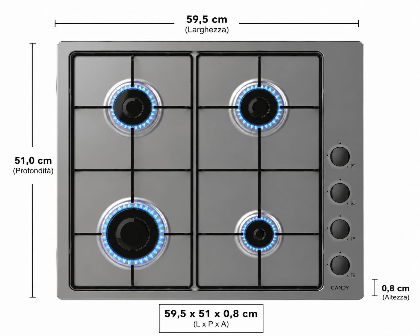 Candy Piano Cottura a Gas 4 Fuochi, Incasso, Inox, Griglie Smaltate Lavabili, Sicurezza Gas, Manopole Laterali, 59,5 x 51 x 0,8 cm (L x P x H) - CHW6LBX