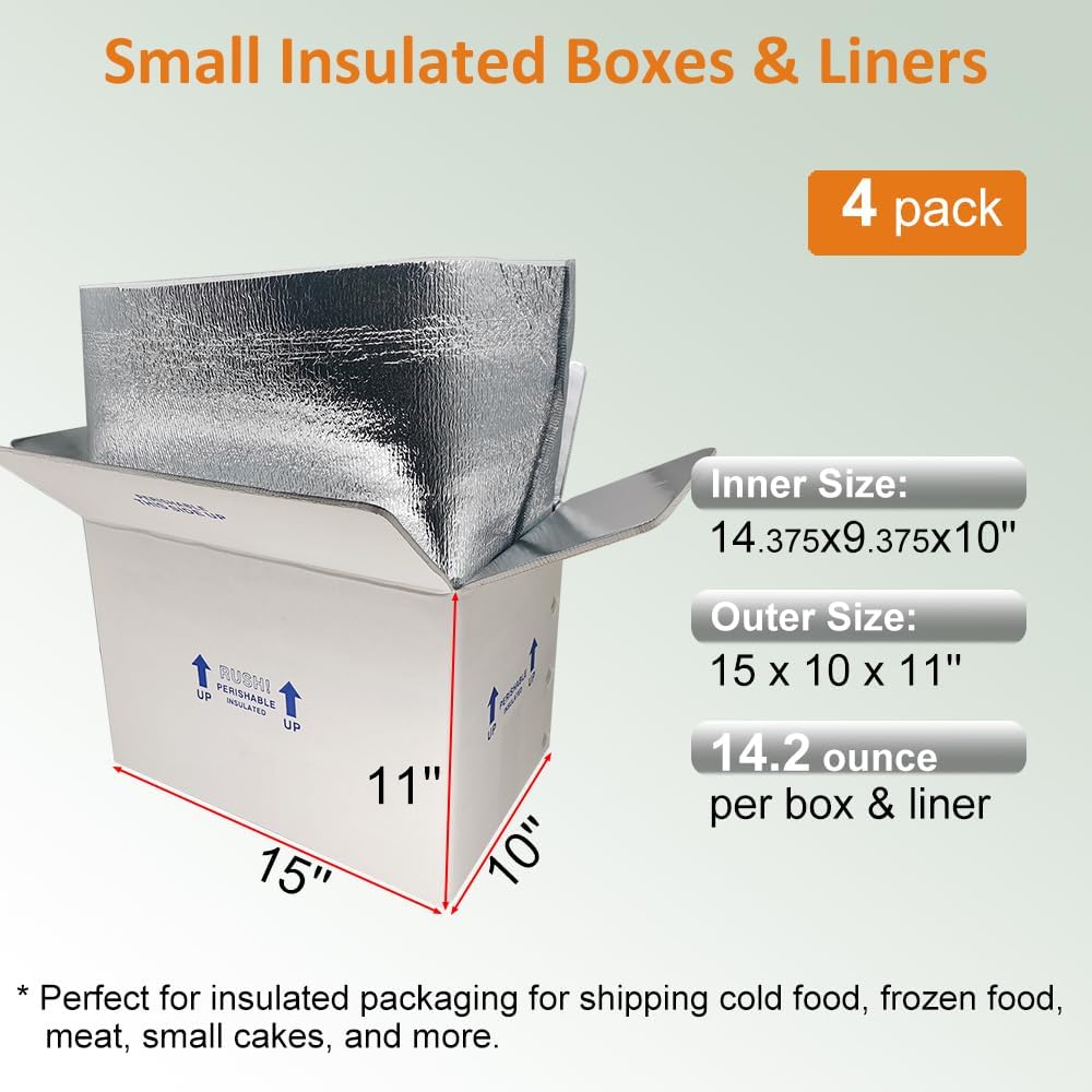 15x10x11'' Insulated Shipping Boxes with Bag Liners, Styrofoam Cold Mailer, Foam Cooler Containers, for Shipping Packaging Perishable Frozen Food, Cake, and More (4 Pack)
