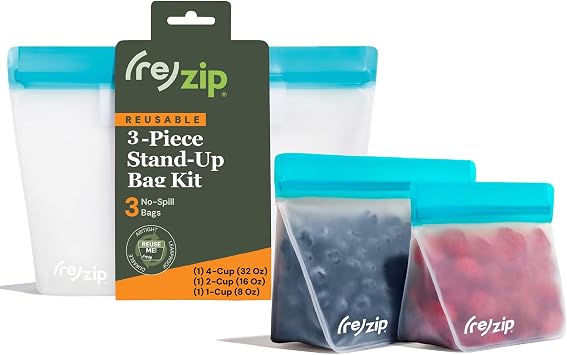 re zip 3-Piece Stand-Up Reusable Bag Kit | BPA-Free, Food Grade, Leakproof, Freezer and Dishwasher Safe | Quart 1, 2-Cup 1, Snack 1 | Aqua