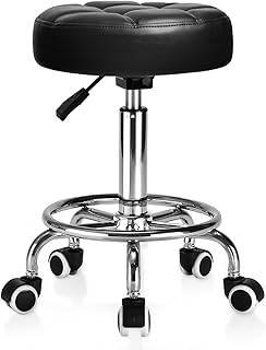 Rollhocker PU Leder Rund Gepolstert, Arbeitshocker Höhenverstellbar Rollen mit Fußstütze , 360° - Drehung Drehocker ，Tragfähigkeit 150kg für Spa Zeichnung Salon Arbeit Büro Tattoo Hocker. (Tinte)