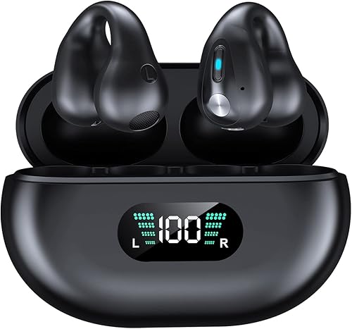 Alpha Digital Auriculares inalámbricos con clip de conducción ósea, Bluetooth 5.3, hasta 18 horas de reproducción, batería de 350 mAh, ligeros,
