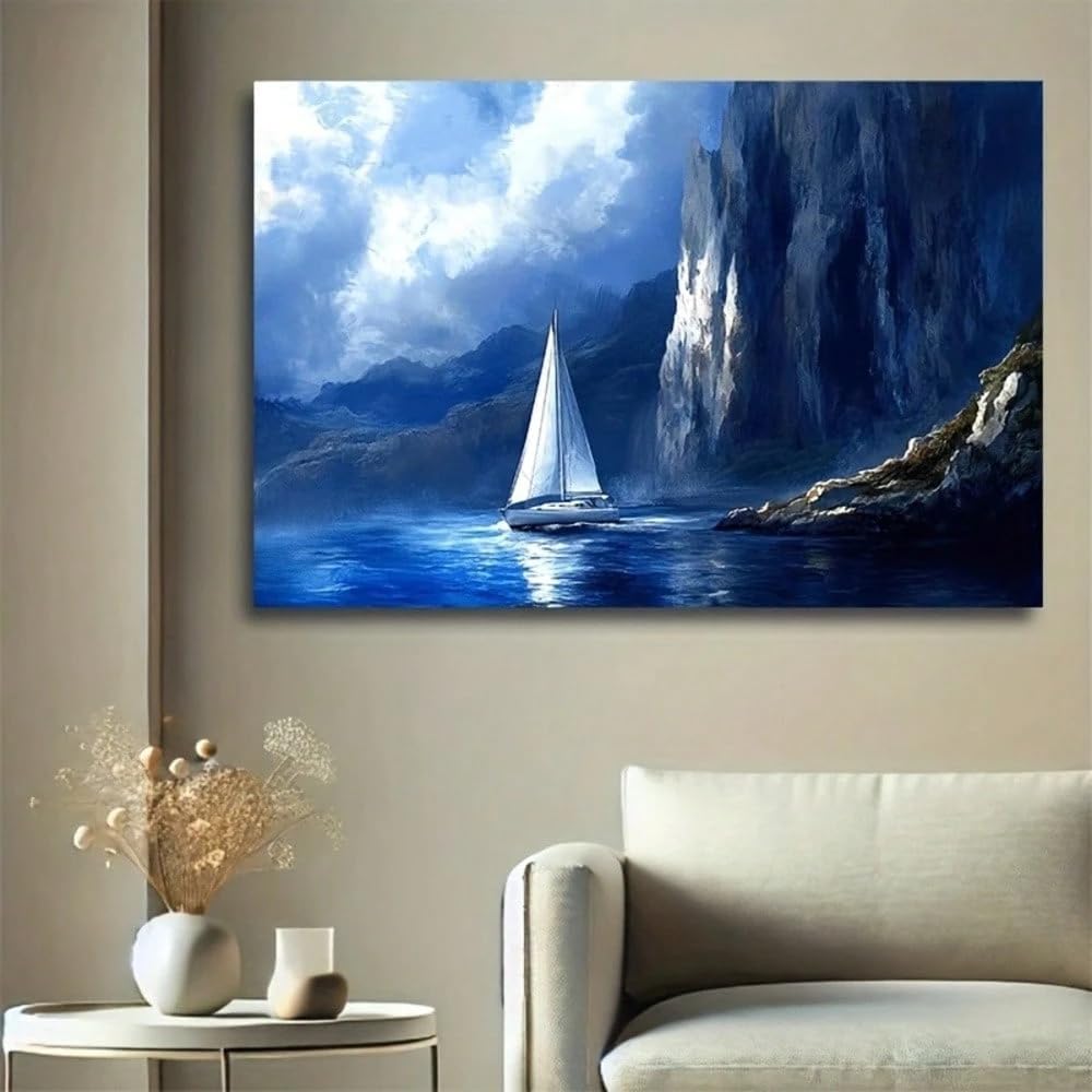 ghriwlax Seascape Sailboat Mural, Cliffside Canvas Art, Moody Nautical Painting, Suitable for Office and Living Room(70x100cm/NO fraze)