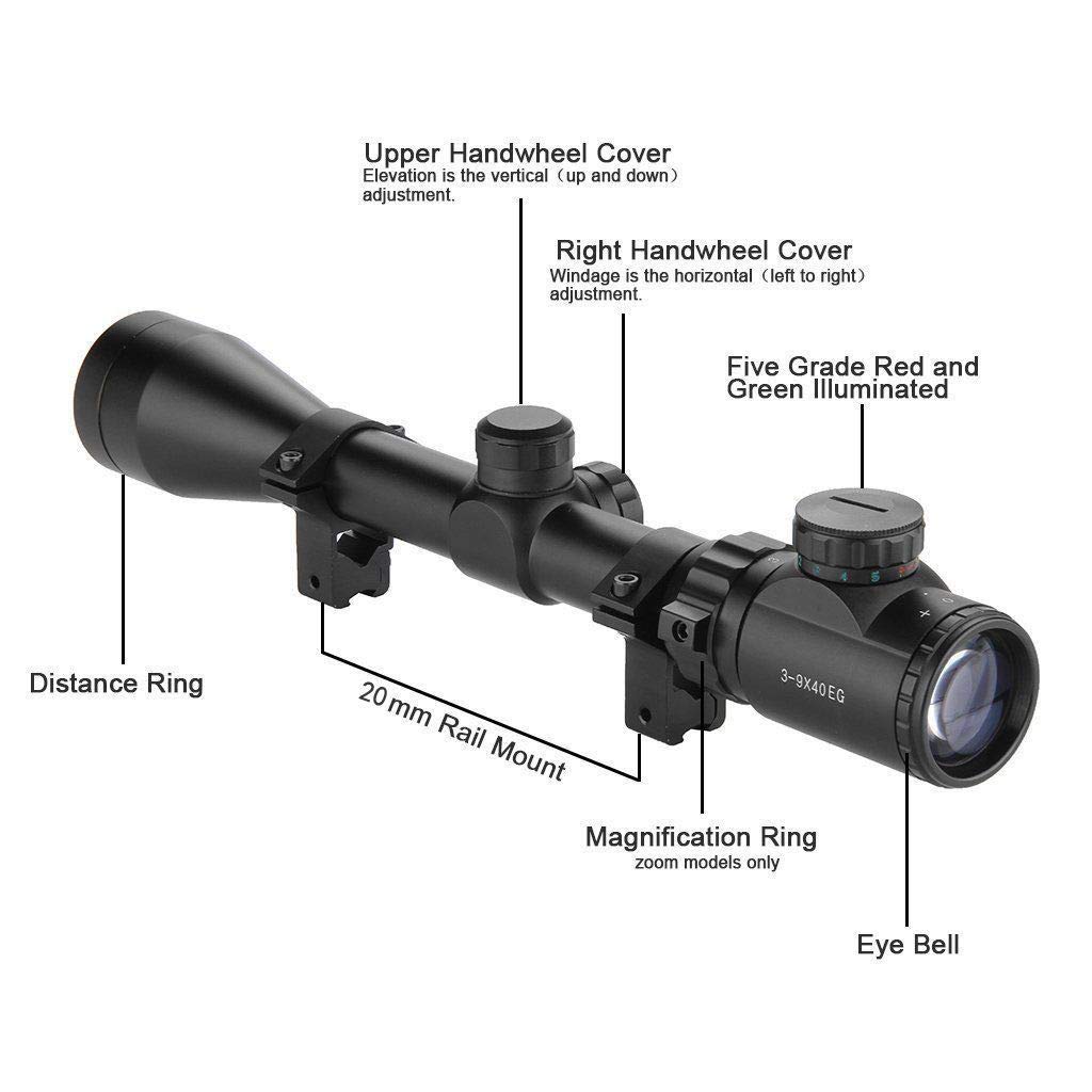 HENGMEI Lunette de Visée 3-9x40EG Télémètre Rouge & Vert Mil-Dot Chasse avec Anneaux de Montage Rail