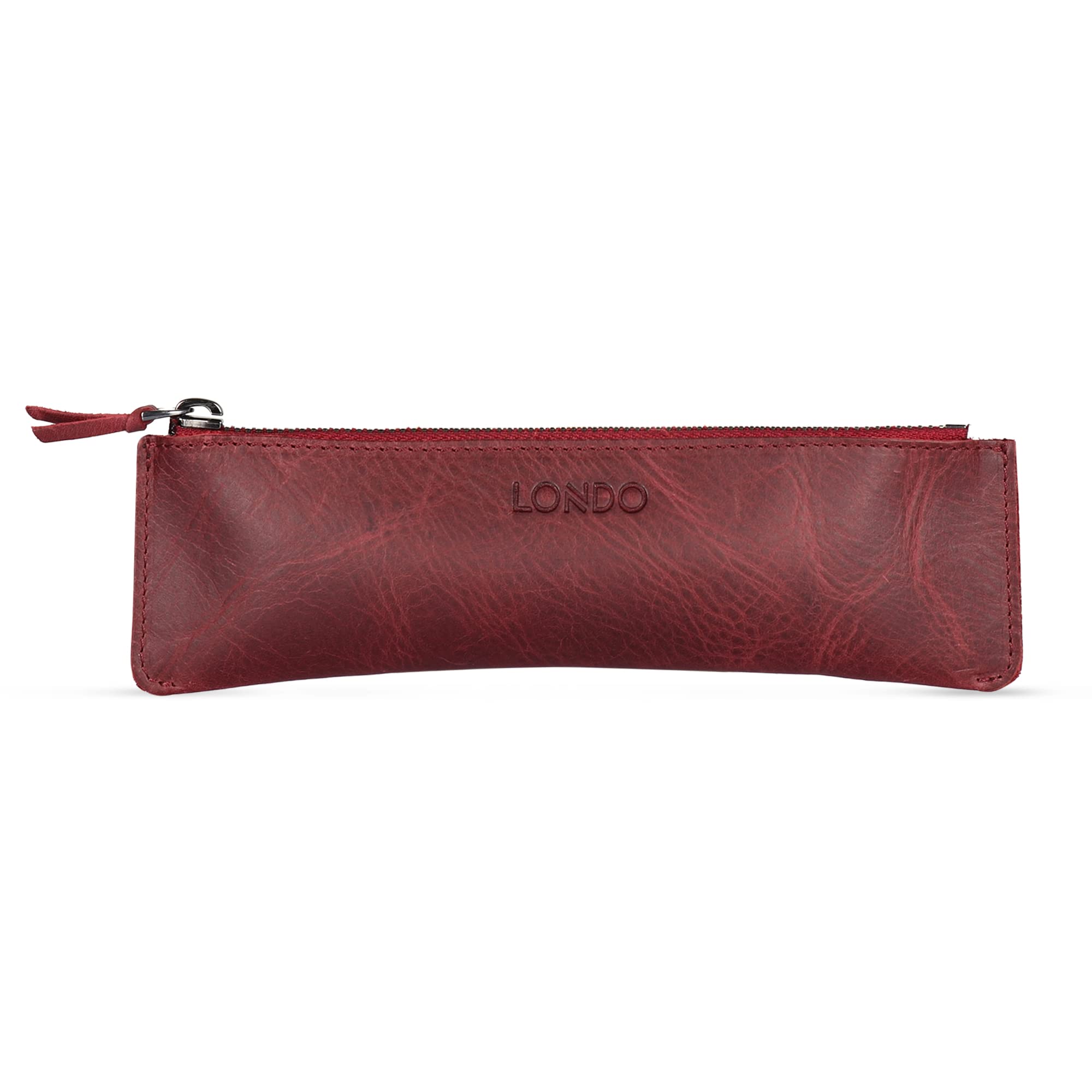 LONDO Genuine Leather Pen Case with Zipper Closure, Pencil Pouch Stationery Bag