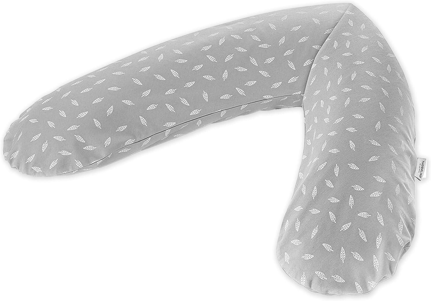 Theraline Original Nursing Pillow 190 cm - Pregnancy Support Pillow - Filling: noiseless EPS Micro Beads, Cover: 100% Cotton - Washable Tested for harmful Substances Grey White Leaves