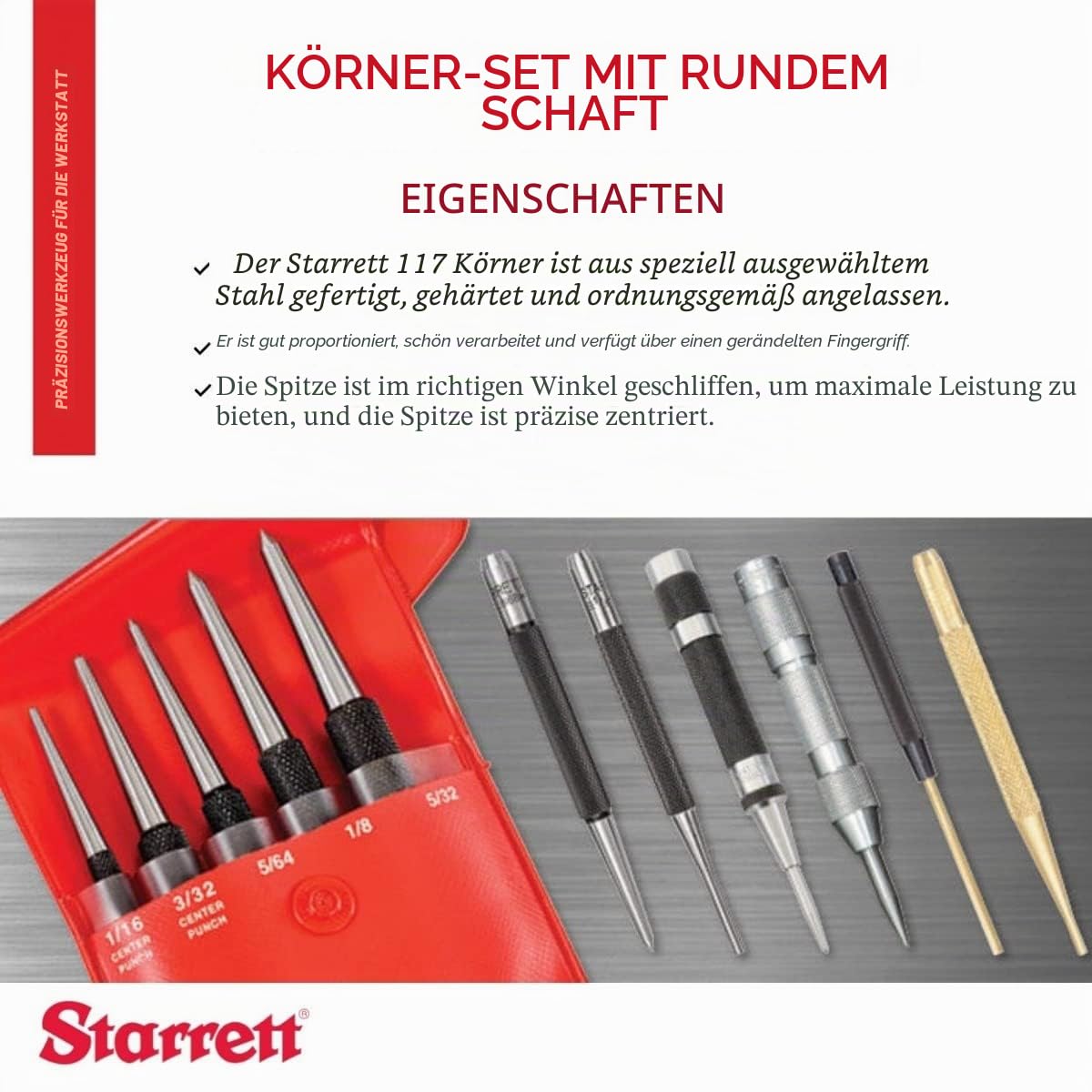 Starrett S117PC Körner Set, 1/16", 5/64", 3/32", 1/8", 5/32" Durchmesser, im Kunststoffkoffer