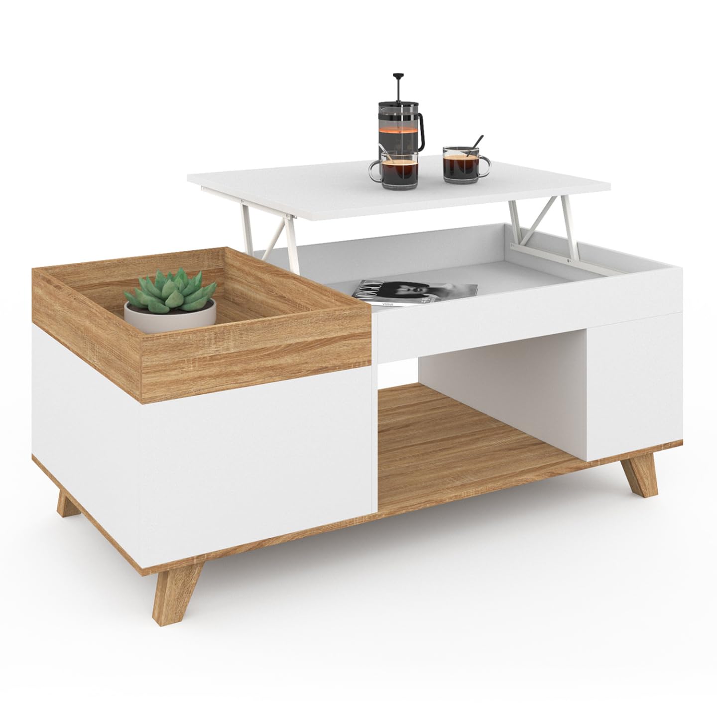 IDMarket - Table Basse rectangulaire Plateau relevable et Plateau Amovible avec Coffre Lola Bois et Blanc